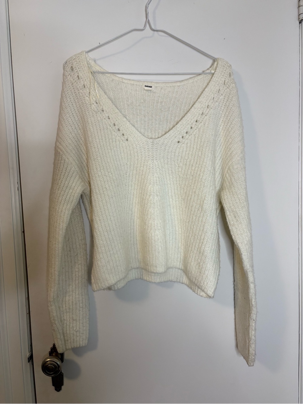 Garage Cream V-Neck Ribbed Knit Sweater